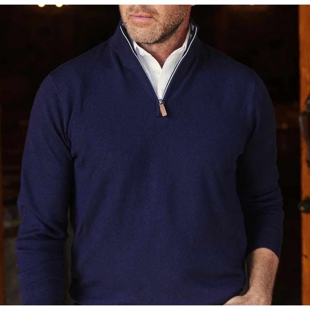 Collars & Co Mens Navy Quarter Zip Australian Merino Wool Soft Sweater Small New